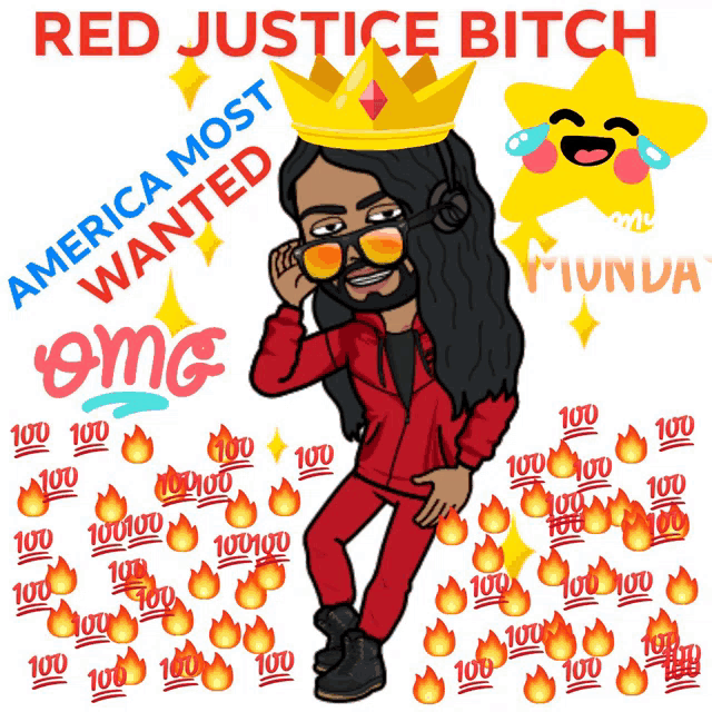 a cartoon of a man wearing a crown and sunglasses with the words red justice bitch on the bottom