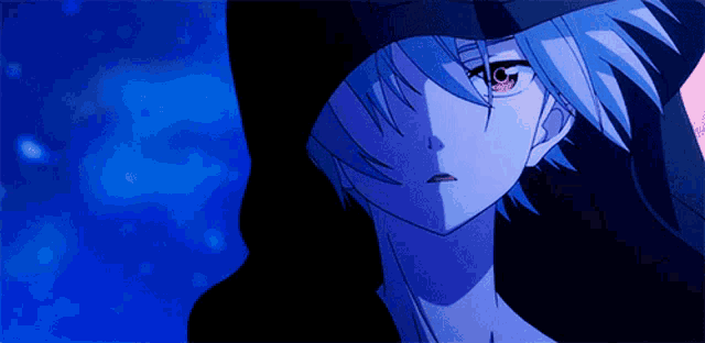 a blue haired anime character with red eyes is wearing a black hood