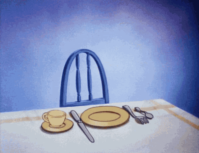 a cartoon drawing of a table with a chair and plates