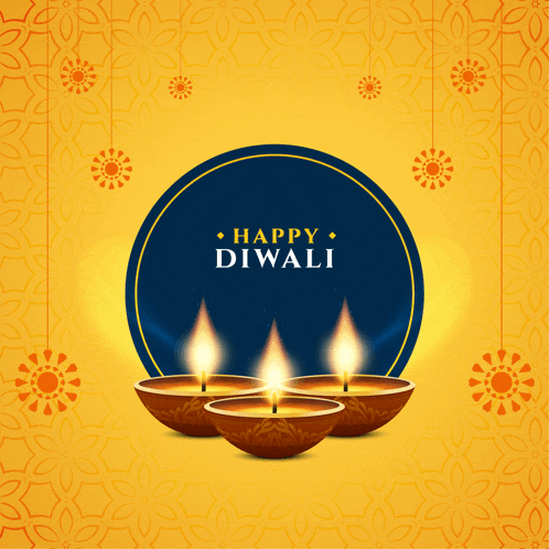 a greeting card that says happy diwali with three lit candles