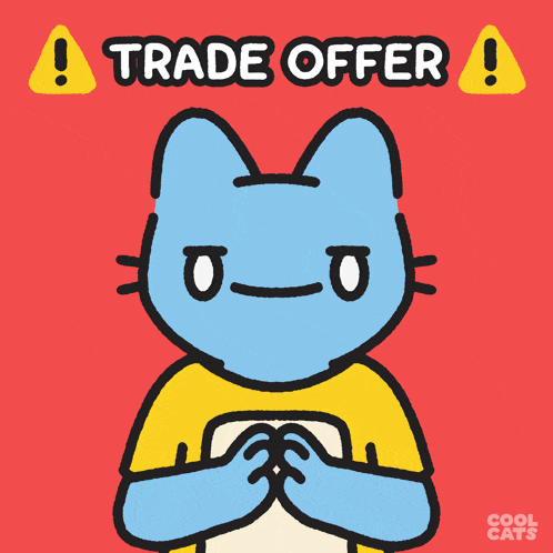 a cartoon of a cat with the words trade offer written above it