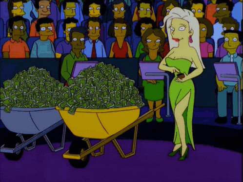a woman in a green dress is standing next to a wheelbarrow filled with money