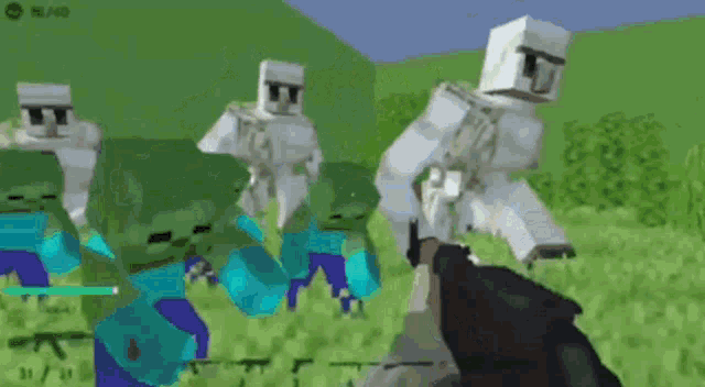a person is holding a gun in front of a group of skeletons in a video game