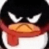 a close up of a penguin with a scarf around its neck and a red tongue sticking out .