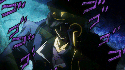 a man in a hat is surrounded by purple letters that say jojo 's bizarre adventure