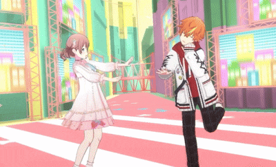 a boy and a girl are dancing in a video game . the girl is wearing a pink dress .