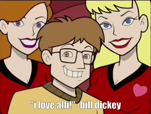 a cartoon character says " i love alli " while posing for a picture with two women