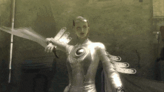 a woman in a silver outfit is holding a sword in her hand