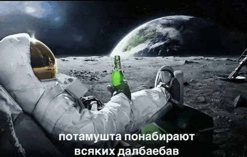 a man in a space suit is sitting on the moon holding a bottle of beer .