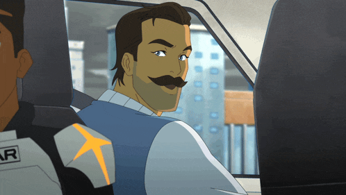 a man with a mustache is sitting in the back seat of a vehicle