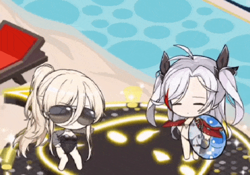 two anime girls wearing sunglasses are sitting next to each other near a pool .