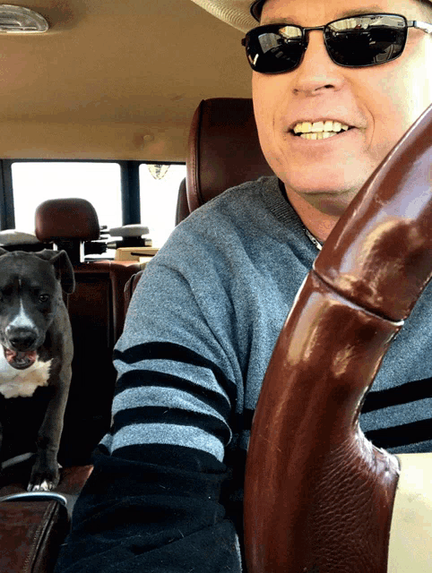 a man driving a car with a dog in the back