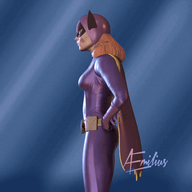 a drawing of a woman in a purple suit with emilius written on the bottom right
