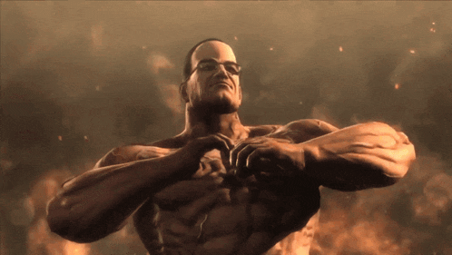 a man without a shirt is standing in front of a fire