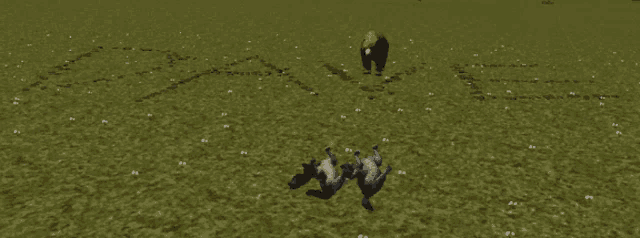 two sheep are laying on their backs in a field with the word " save " written on the grass