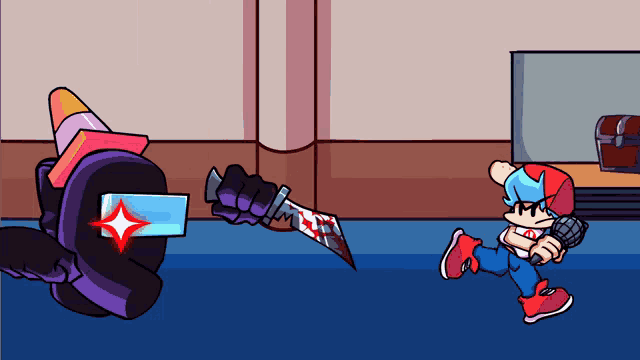 a cartoon character is holding a bloody knife while another character looks on