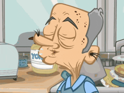 a cartoon of an old man with a jar of yogurt on the counter