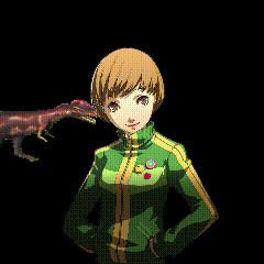 a pixel art of a girl with a dinosaur biting her face