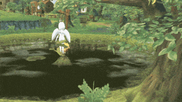 a video game scene shows a pond with a statue in the middle