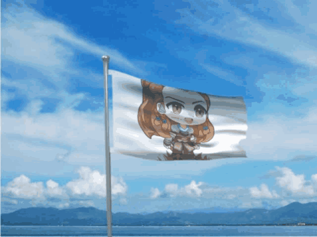 a flag with a picture of a girl on it flying in the wind