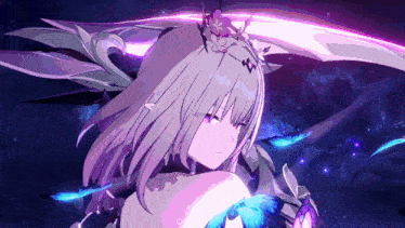 a girl with a flower in her hair holds a sword