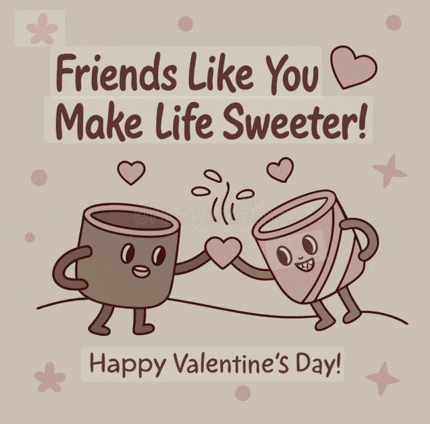 a valentine 's day greeting card with two coffee cups holding hands