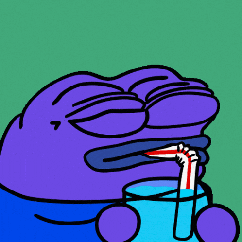 a cartoon of a purple frog drinking a blue drink through a straw