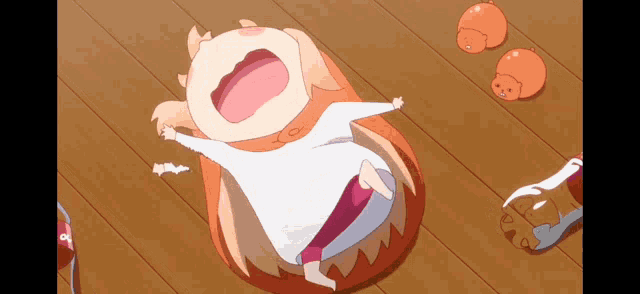 a cartoon character is laying on a wooden floor with a bottle of soda in the foreground
