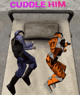 two video game characters are laying on a bed with the words cuddle him written above them