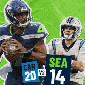 seahawks and panthers players holding up signs that say car 20 vs 14