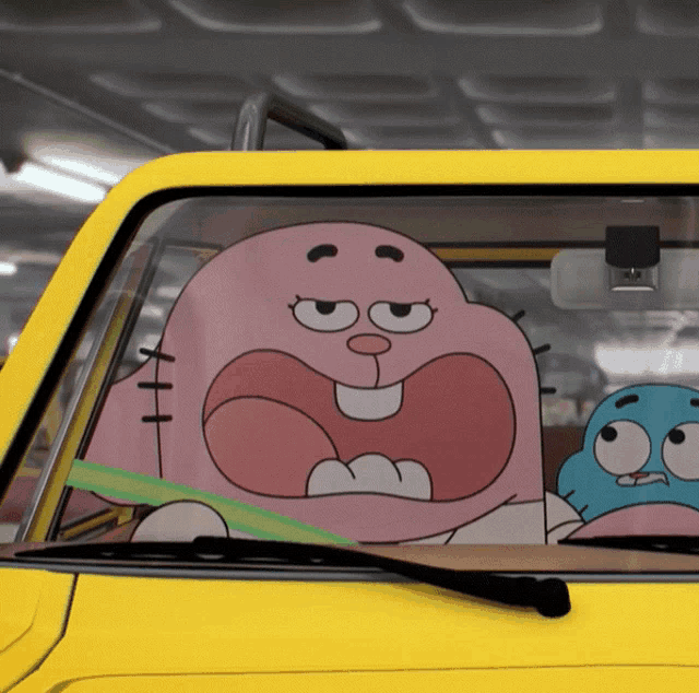 gumball and bubblegum from the amazing world of gumball in a yellow car