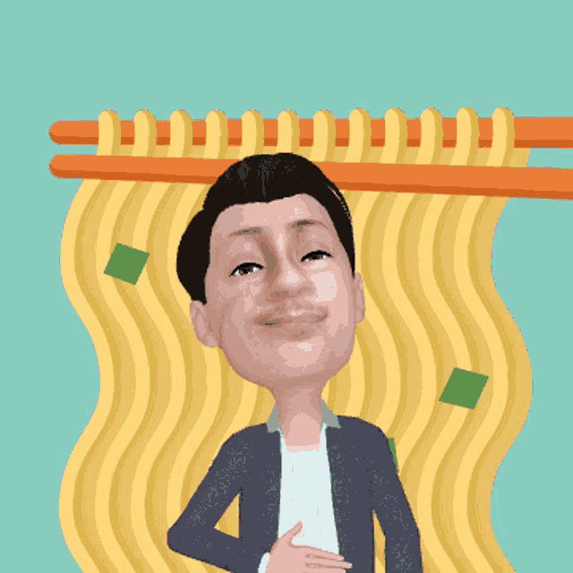 a cartoon of a man standing in front of noodles