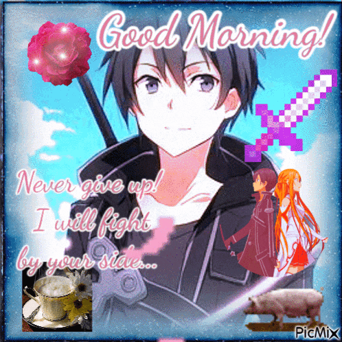 a picture of a boy with a sword and the words good morning