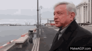 a man in a black coat is standing on a sidewalk near the water .