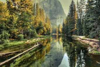 a river surrounded by trees and mountains with a mountain in the background