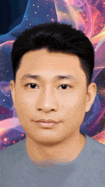 a close up of a man 's face with a colorful background in the background