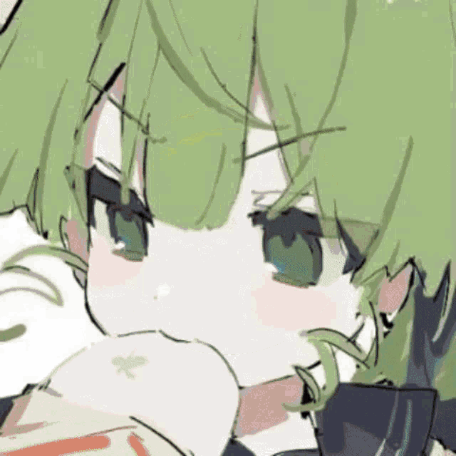a drawing of a girl with green hair and blue eyes .