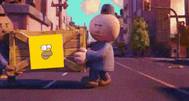 a cartoon character is carrying a wooden box with a picture of homer simpson on it ..