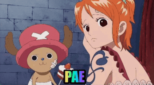 a cartoon of nami and tony tony chopper with the word pae in the upper right corner