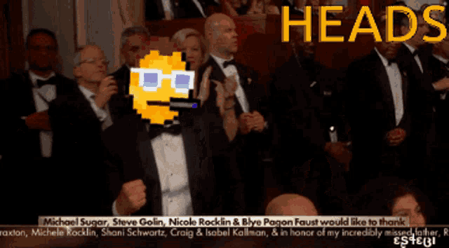 a man in a tuxedo stands in front of a crowd of people with heads written on the bottom