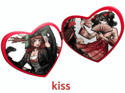 two red hearts with a picture of a girl and the word kiss
