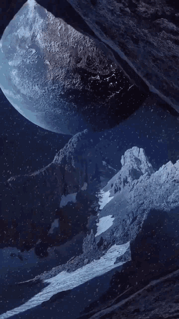 a painting of a mountain range with a planet in the background