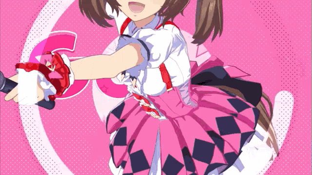 a girl in a pink dress is holding a microphone with the letter g in the background