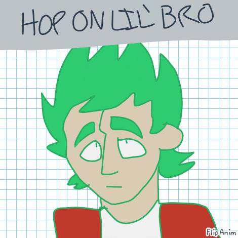 a drawing of a person with green hair and the words hop on lil bro