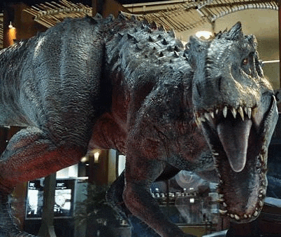a statue of a dinosaur with its mouth open is standing in a museum .