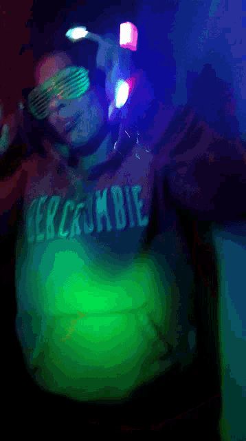 a girl wearing glow in the dark glasses and a hoodie that says hollister on it