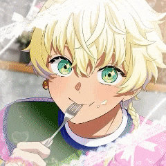 a girl with blonde hair is holding a fork in her mouth
