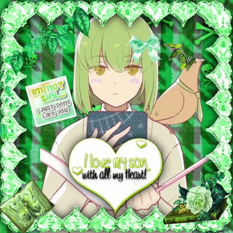 a girl with green hair is holding a book and a heart that says " i love my son with all my heart "