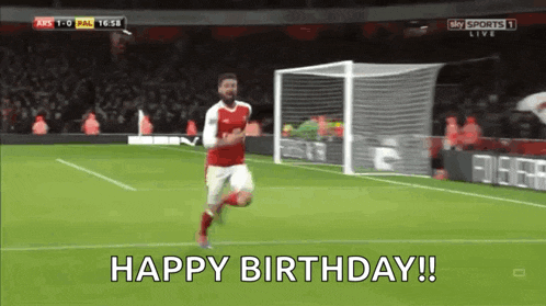a soccer player is running on a field with the words happy birthday written below him