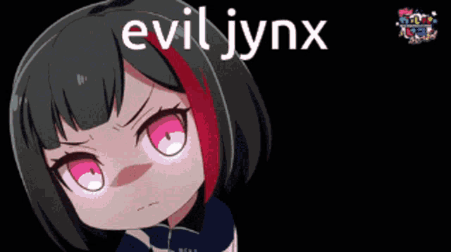 evil jynx is written on a black background next to a girl